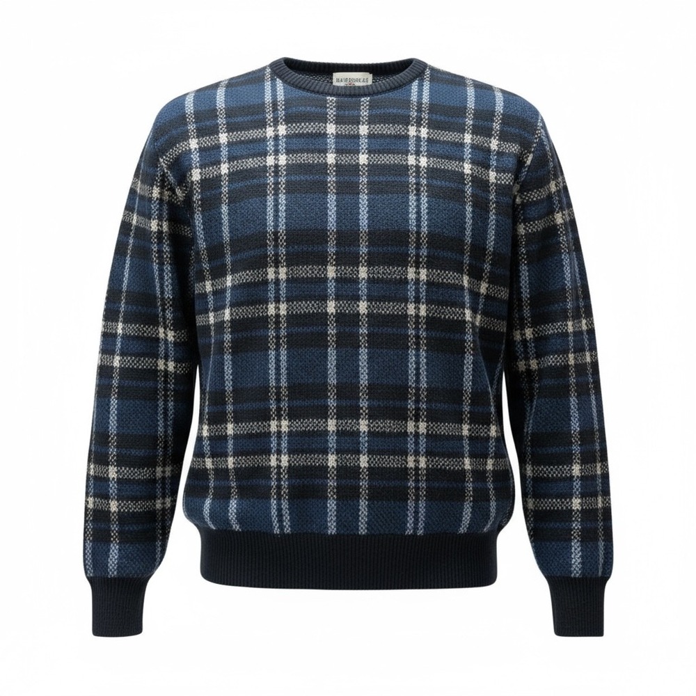 Pebble Beach Men's Plaid Sweater, Long Sleeves, Knit Pullover,‎ Blue & White